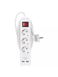   Hosszabbító 2 m / 3 aljzat / kapcsolós / fehér / PVC / USB / 1,5 mm2