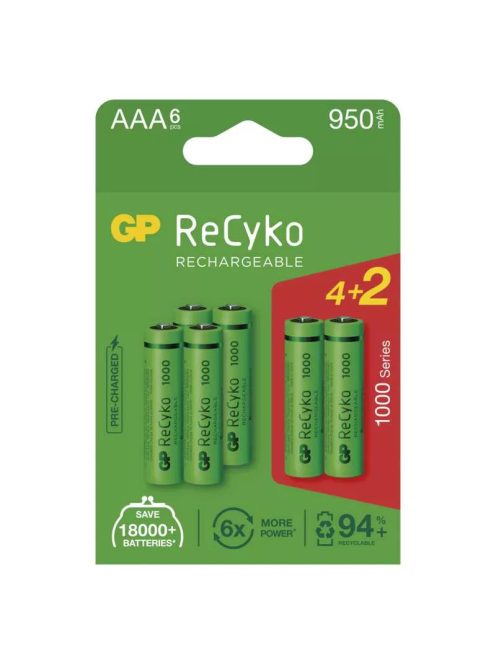 GP ReCyko NiMH Akkumulátor HR03 (AAA) 950mAh 4+2db